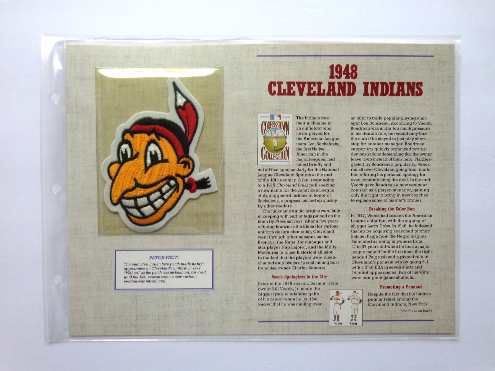 VINTAGE CLEVELAND INDIANS 1948 COOPERSTOWN COLLECTION PATCH HISTORY STATS CARD