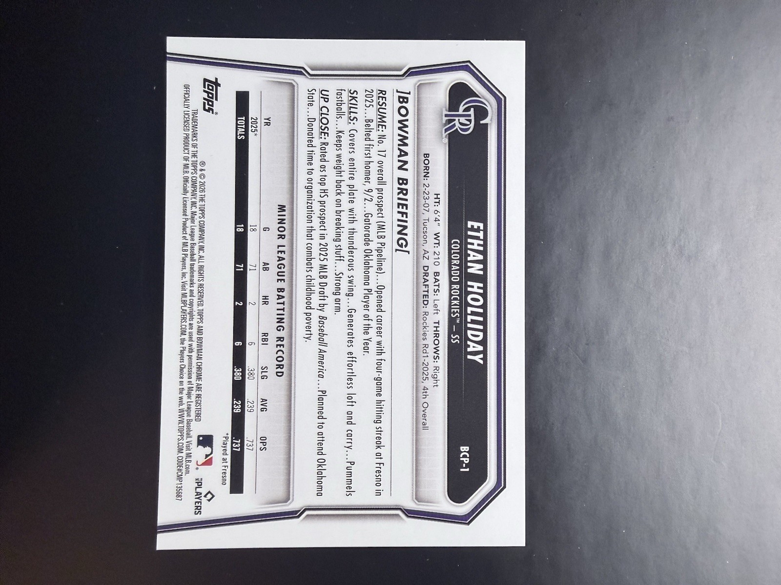 2026 Bowman Chrome Ethan Holliday SSP Image Variation SP Colorado Rockies