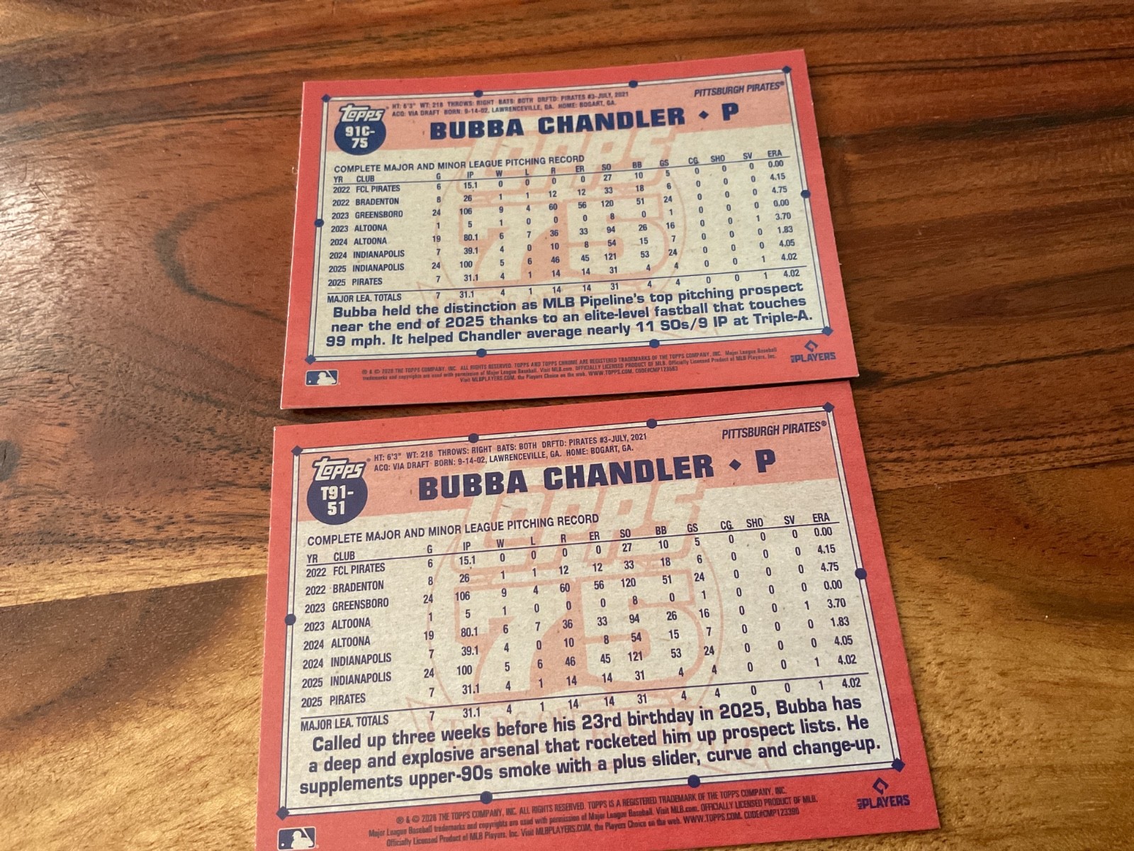 2026 Topps Series 1 Bubba Chandler 91C-75 1991 Silver Pack Mojo RC & T91-51