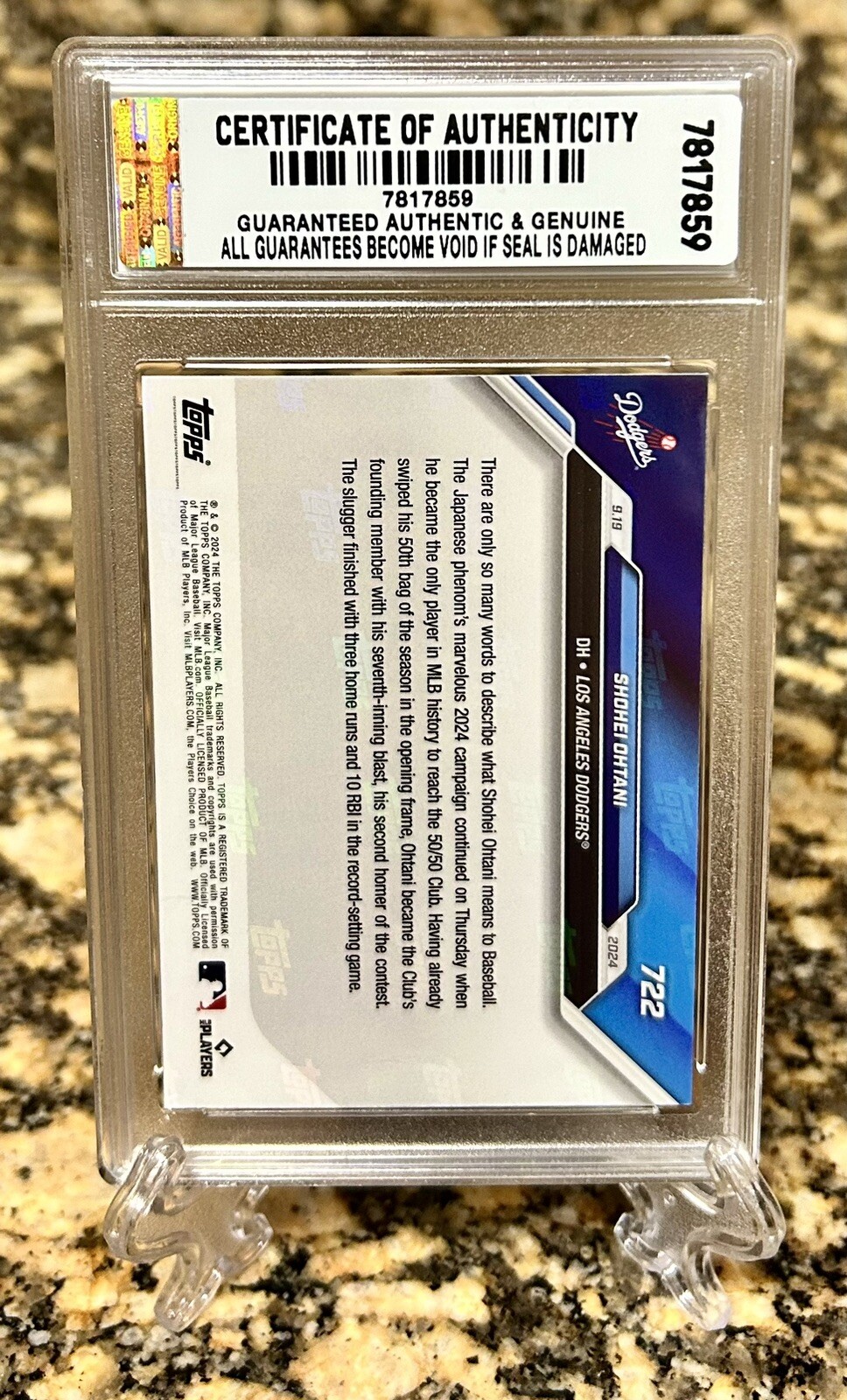 GRADED GEM-MT 10 SHOHEI OHTANI 2024 TOPPS NOW 1st MLB 50/50 Season #722. COA!