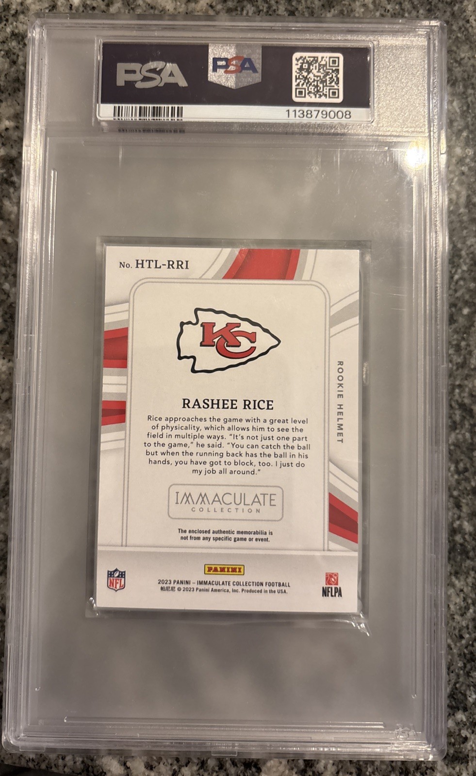 2023 PANINI IMMACULATE COLLECTION ROOKIE HELMETS RASHEE RICE ROOKIE 12/12 PSA 7