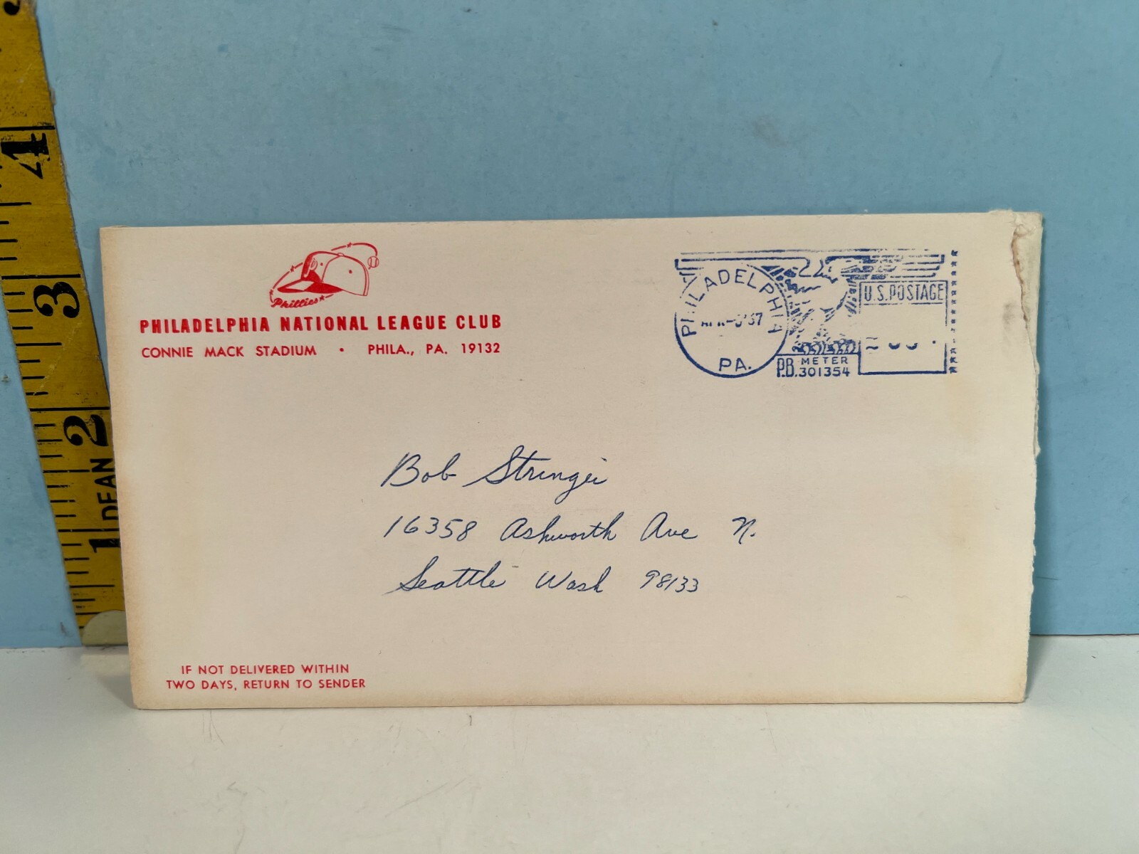 1967 Philadelphia Phillies National League Baseball Club Posted Envelope