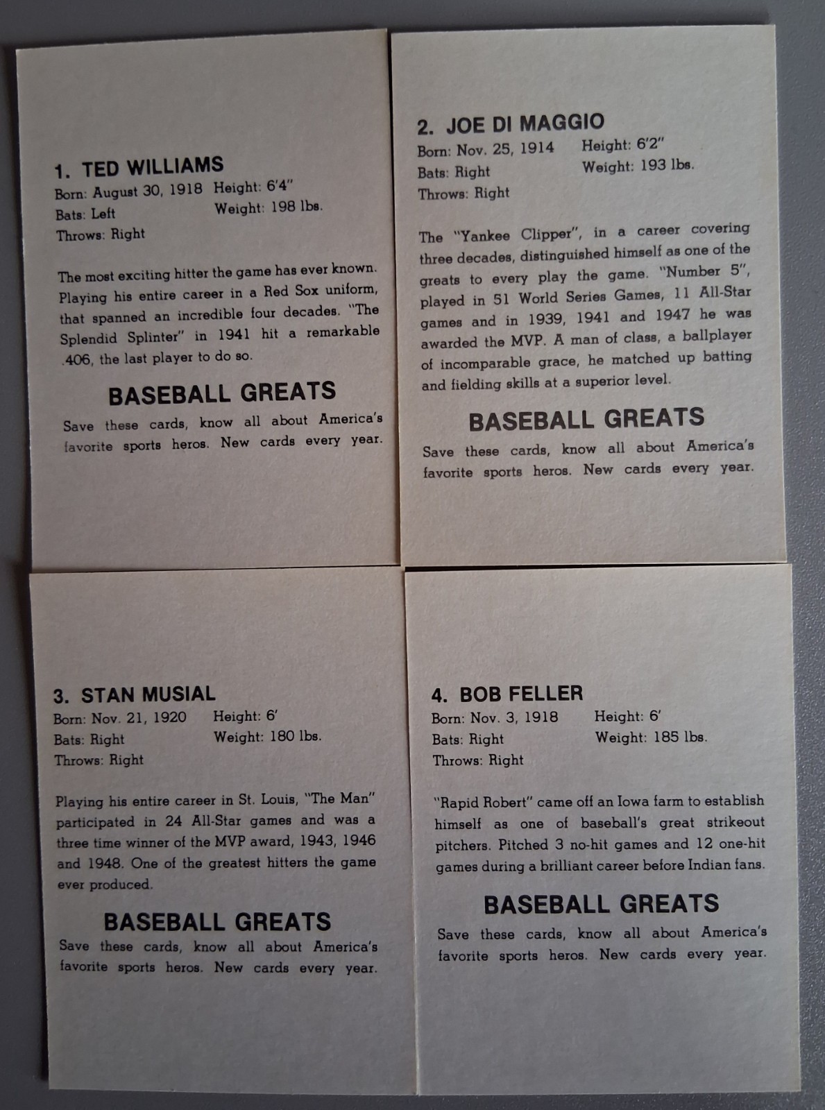1985 Baseball Greats Caricatures 10 Card Set, Williams, Mantle, Mays, DiMaggio.