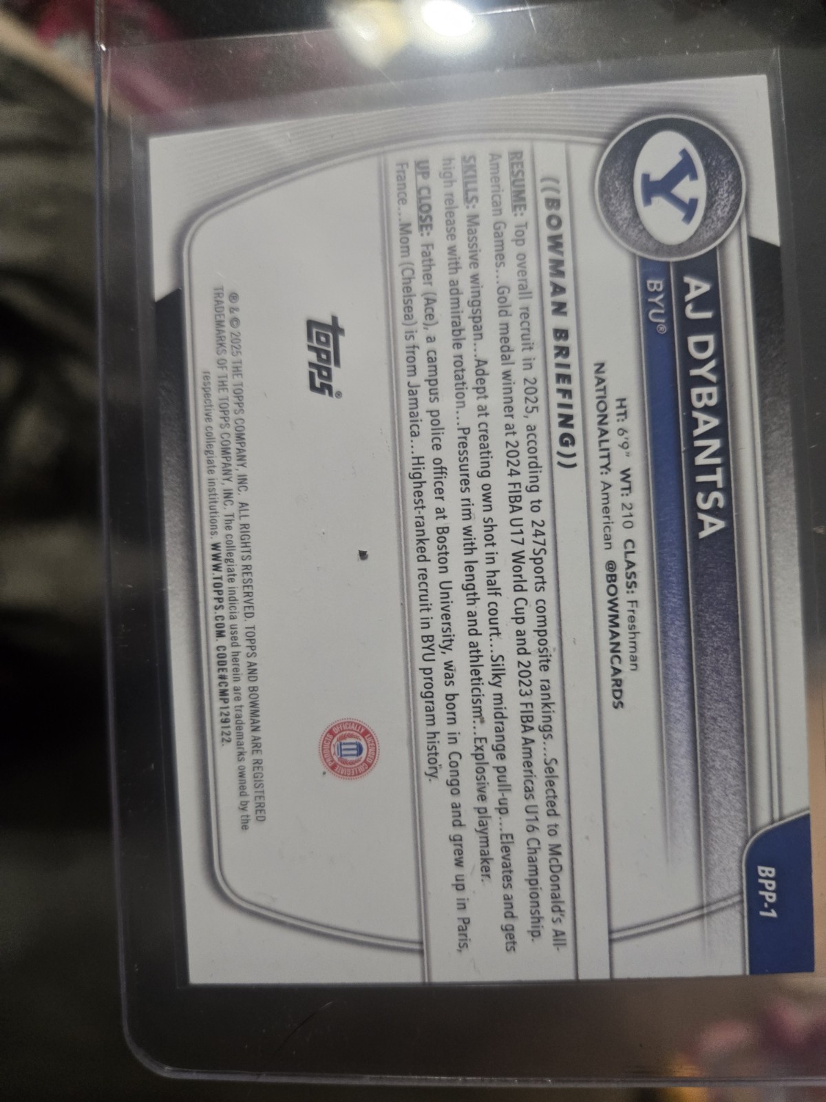 Topps 2025-26 Bowman Prospects AJ Dybantsa BYU #BPP-1 Purple 152/199 (RC)