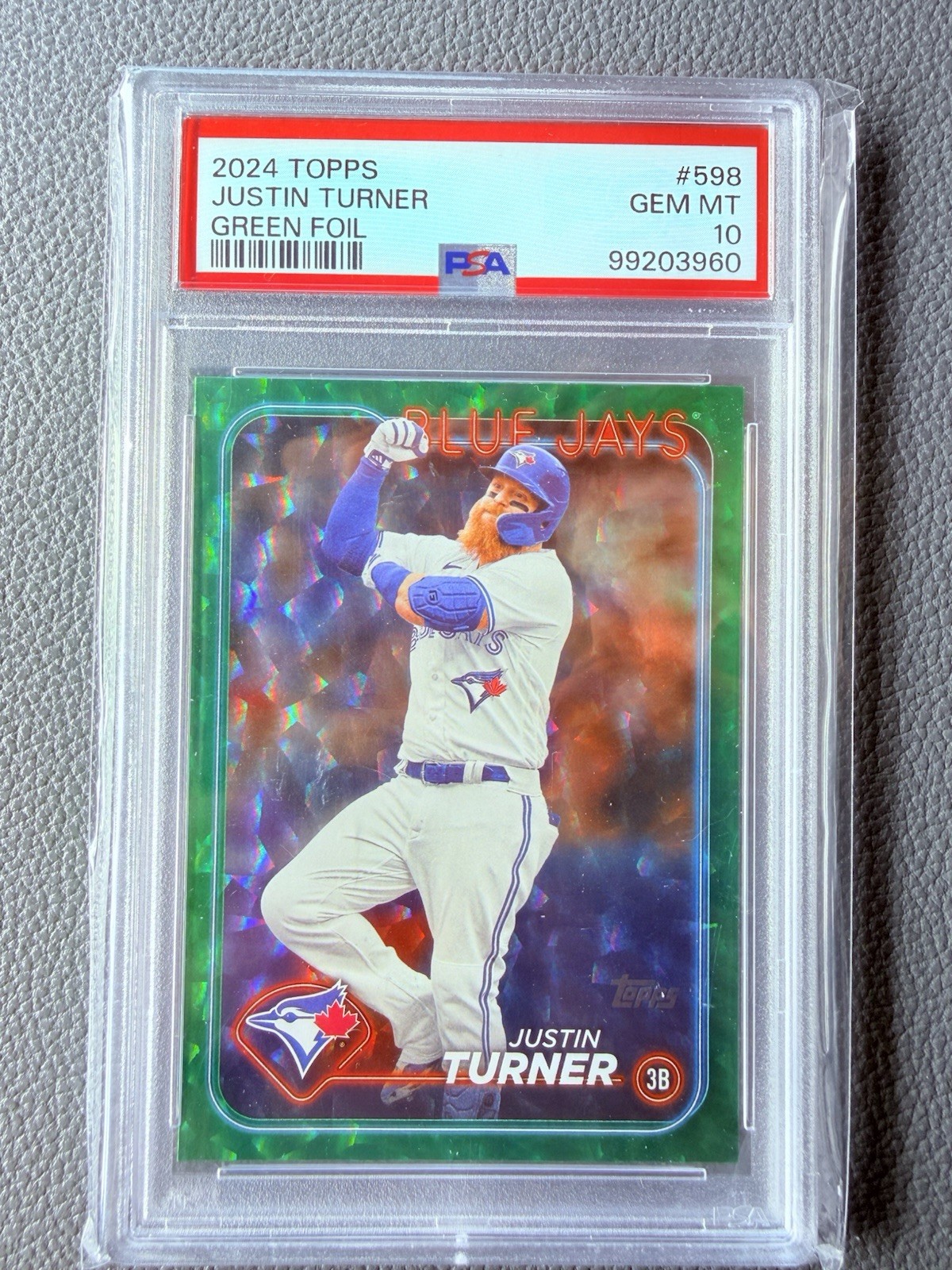 2024 Topps Justin Turner Green Crackle Foil Board /499 PSA 10 Gem Mint Blue Jays