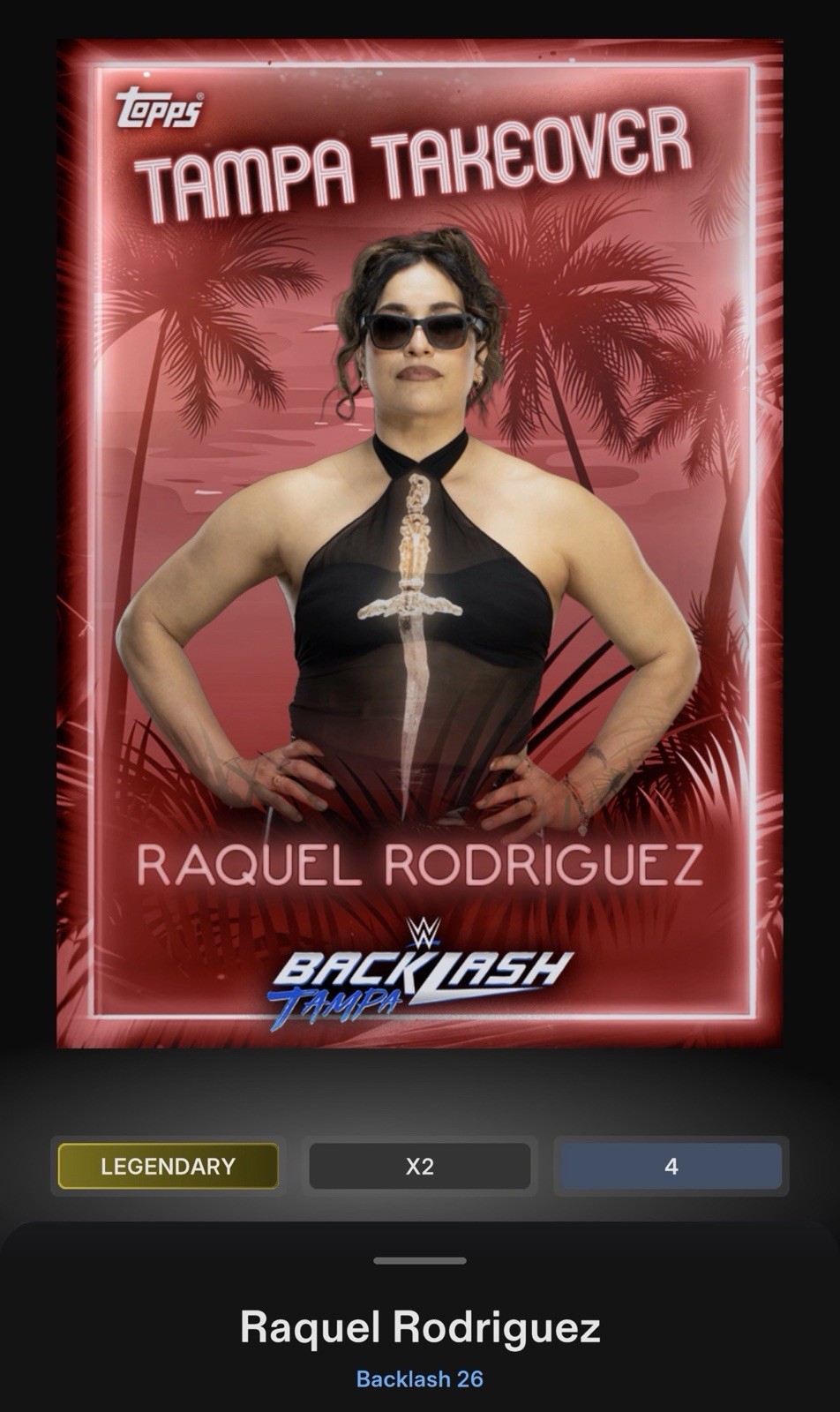 2026 Topps WWE Slam Backlash Raquel Rodriguez Tampa Takeover Red 5cc Legendary
