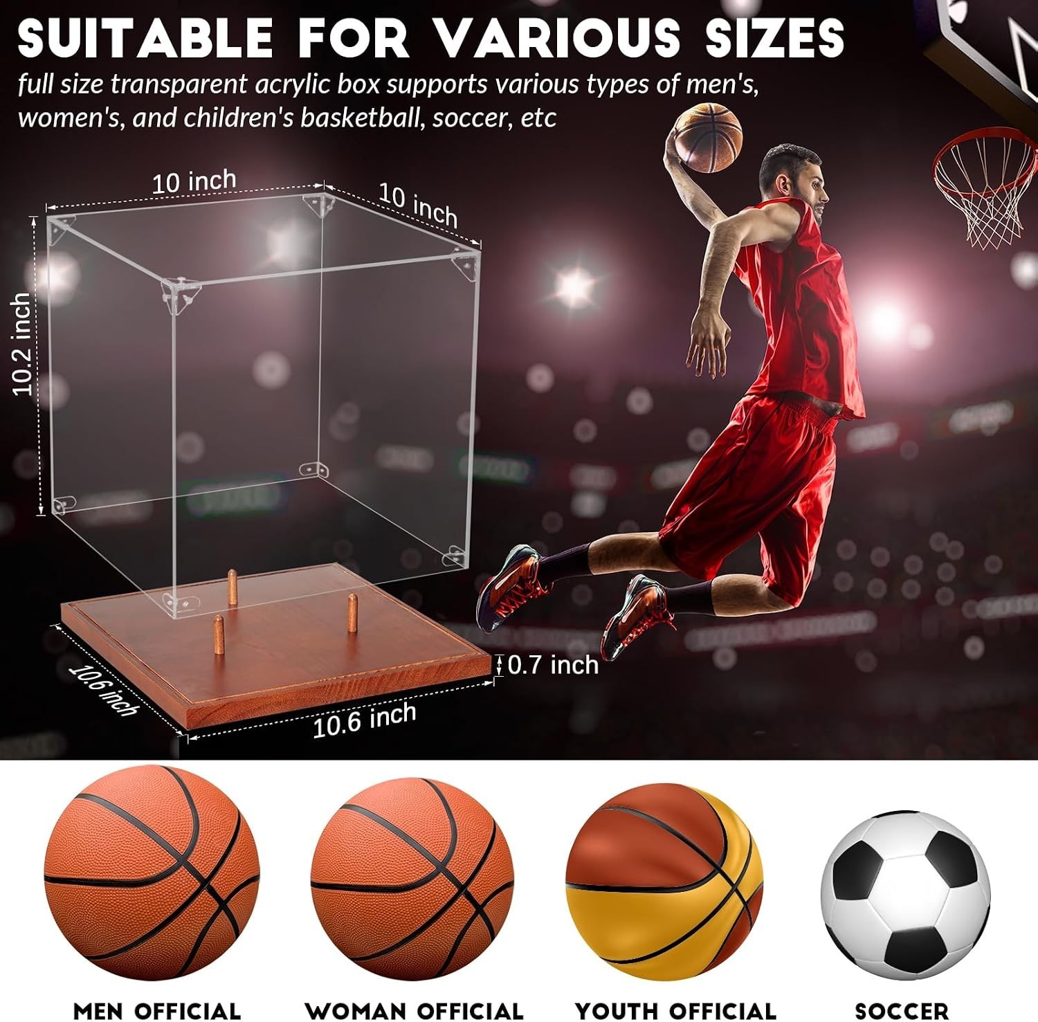 10″ Full-Size Basketball Display Case – UV Protected Acrylic & Elegant Wood Base