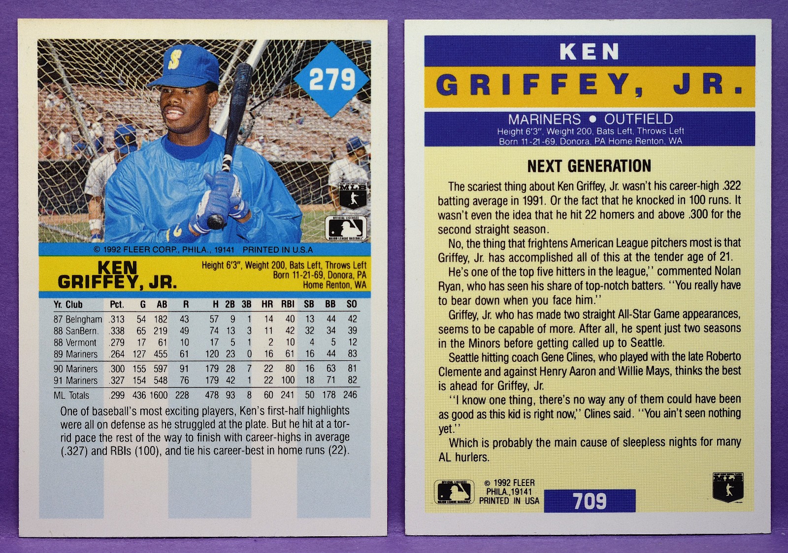 Ken Griffey Jr. Seattle Mariners 1992 Fleer Baseball #279 and ProVisions #709