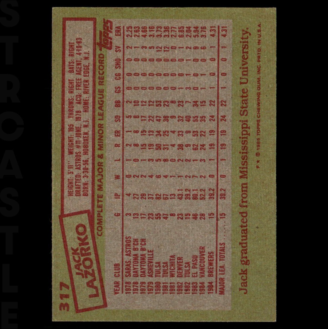 1985 Topps – Jack Lazorko #317 (RC) Milwaukee Brewers ⚾ Baseball Card