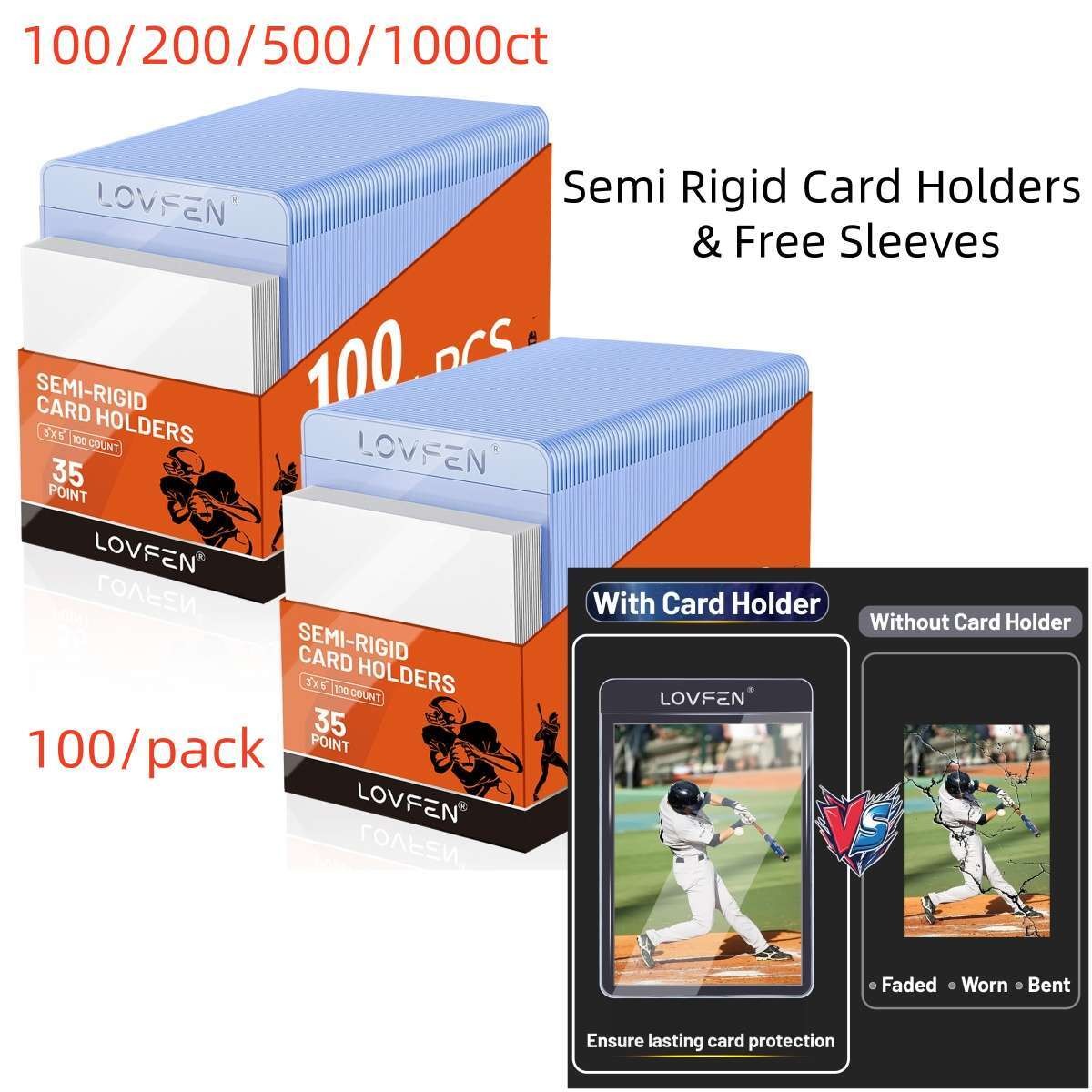 200/500/1000CT Semi Rigid Card Holders + Free Sleeves For 35pt Standard Trading