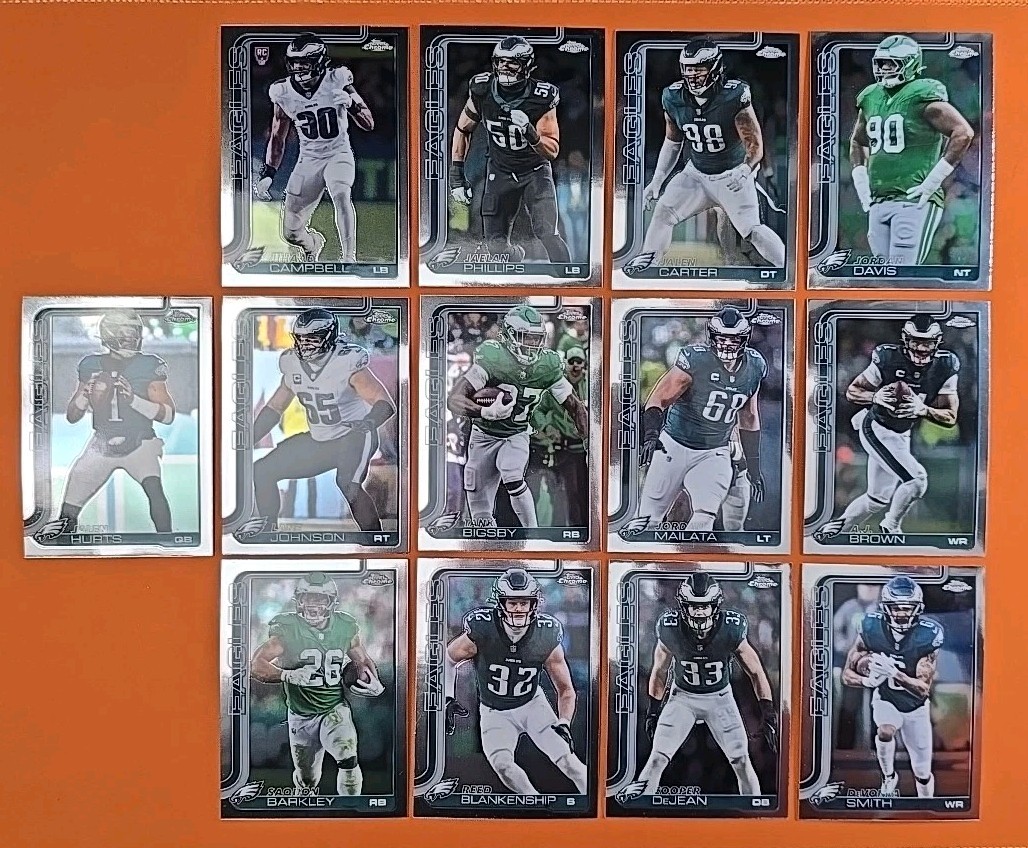 🟢🦅⚪️ 2025 TOPPS CHROME PHILADELPHIA EAGLES COMPLETE BASE TEAM SET(13 CARD LOT)