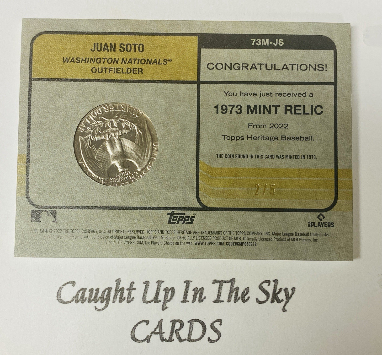 2022 Topps Heritage Juan Soto 1973 Mint Quarter Relic #2/5 Nationals SSP