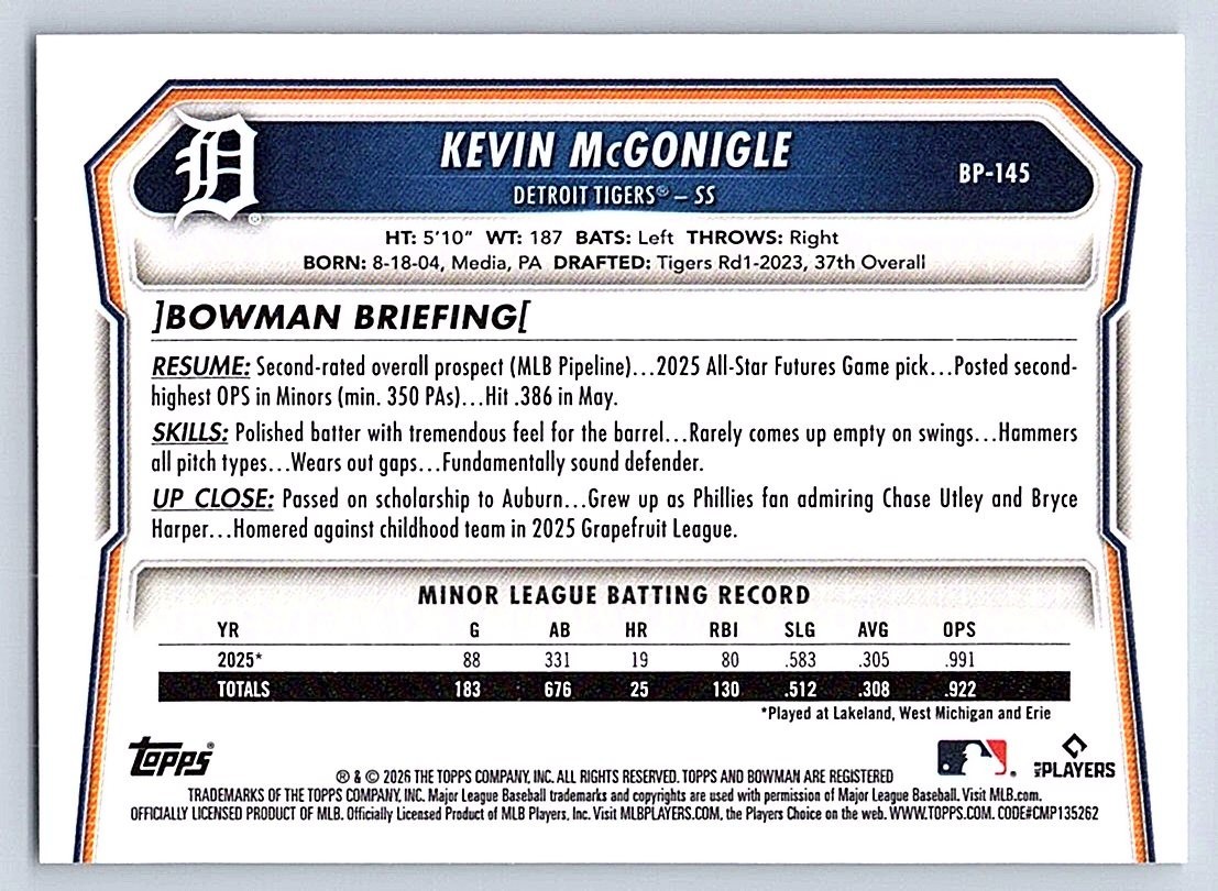 KEVIN McGONIGLE TIGERS 2026 BOWMAN PROSPECTS #BP- 145