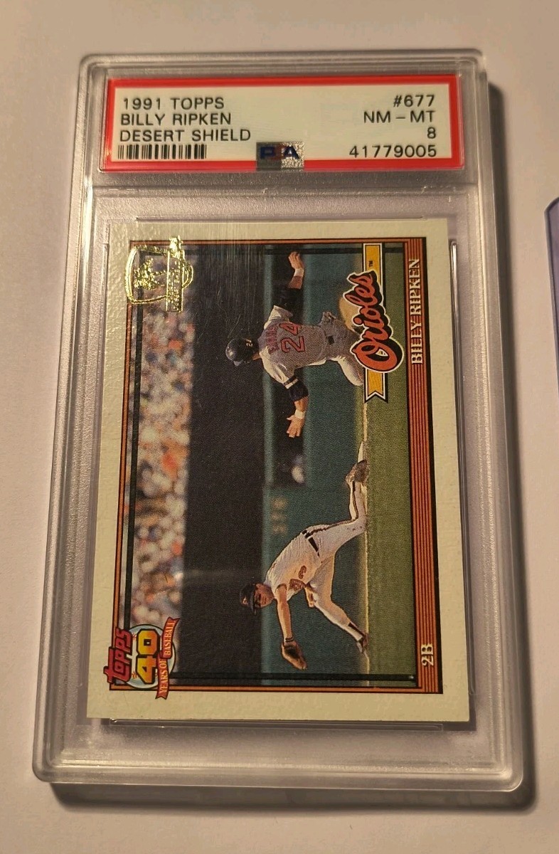 1991 Topps DESERT SHIELD #677 AUTO BILLY RIPKEN Autograph, Gold + Graded PSA 8