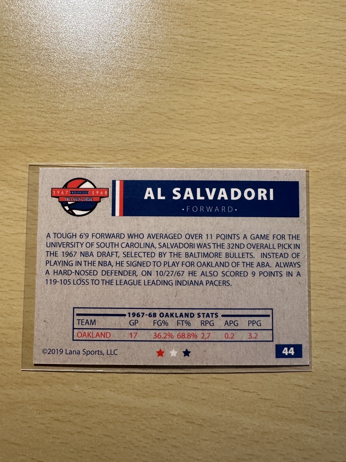 2019 1967-68 Lana Sports ABA #44 AL SALVADORI Rookie RC Oakland Oaks