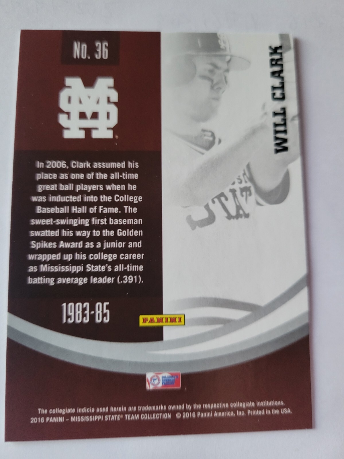 2016 Panini Will Clark #36 Mississippi State Bulldogs Collegiate