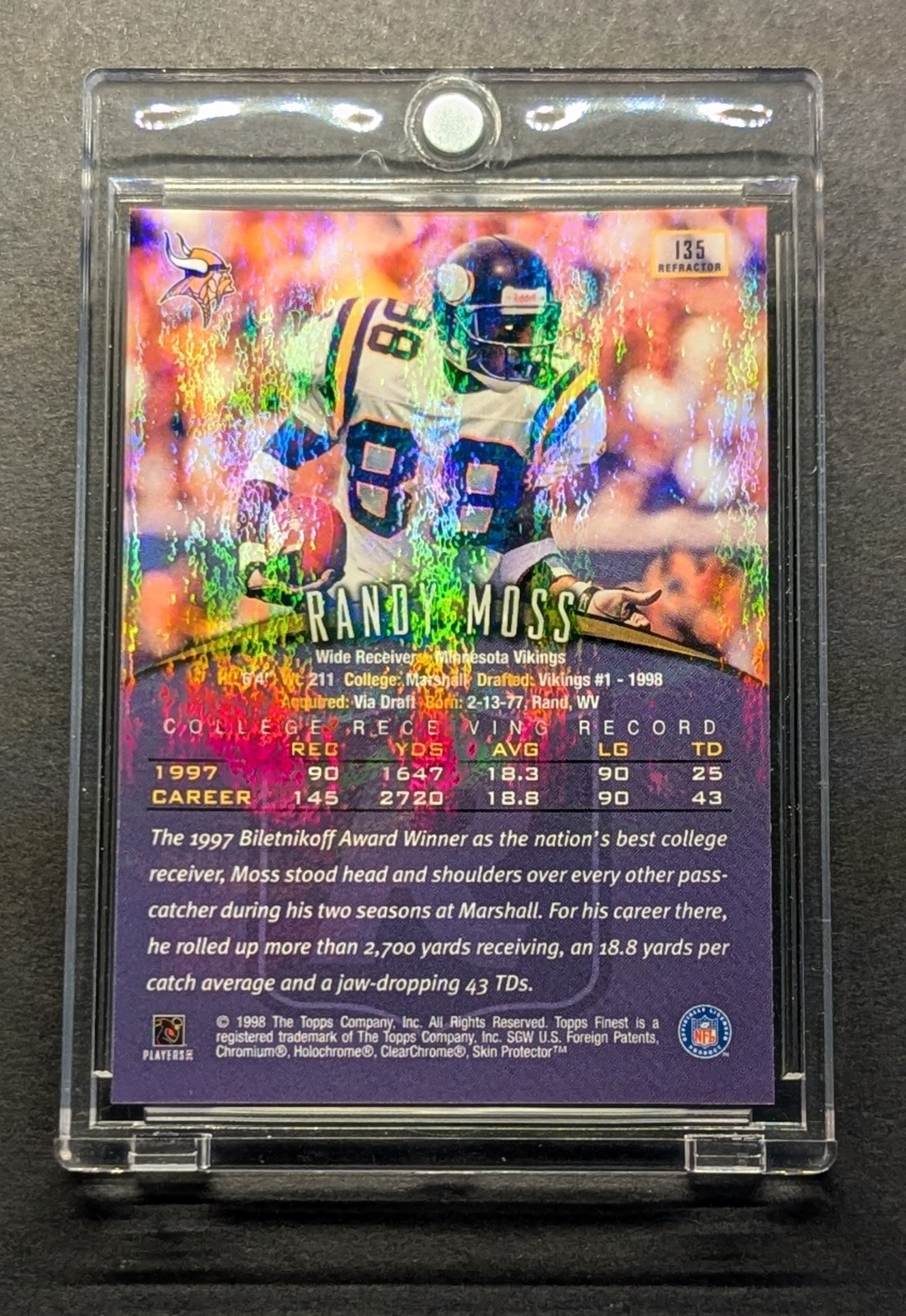 RANDY MOSS Rookie 1998 Topps Finest Refractor w/ Protective Peel SP RC