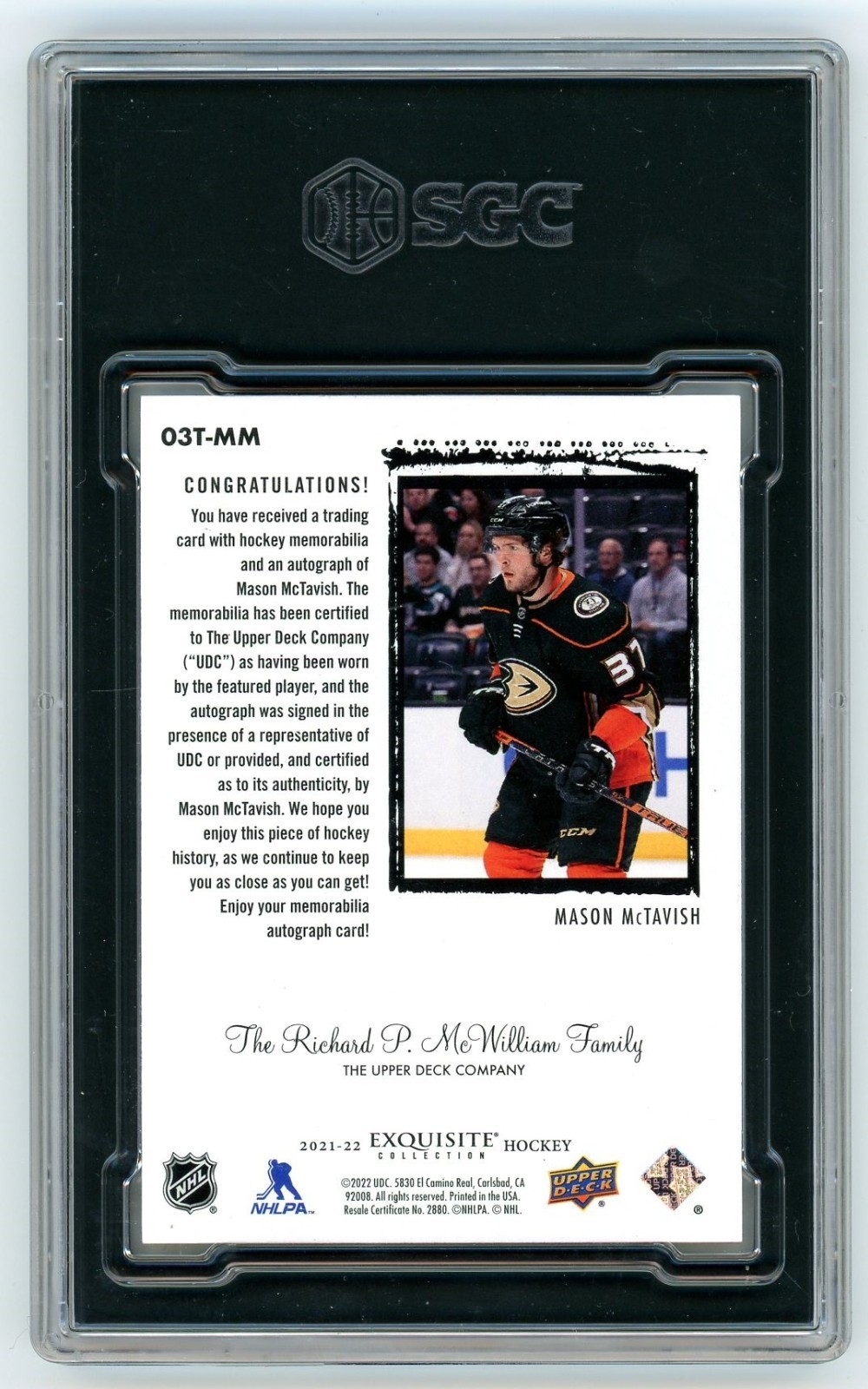 SGC 8 Mason McTavish RC 2021-22 UD Ice Exquisite Rookie Auto Patch RPA 23/25