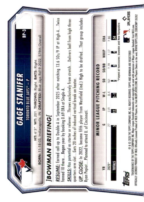 2026 Bowman Gage Stanifer Toronto Blue Jays #BP37 5 Card Lot