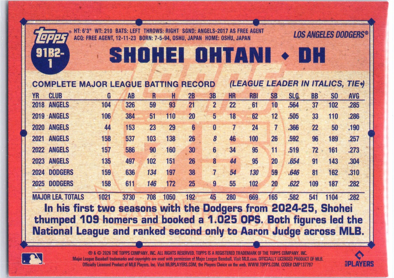 2026 Topps #91B2-1 Shohei Ohtani 1991 Topps Baseball 35th (Series Two)