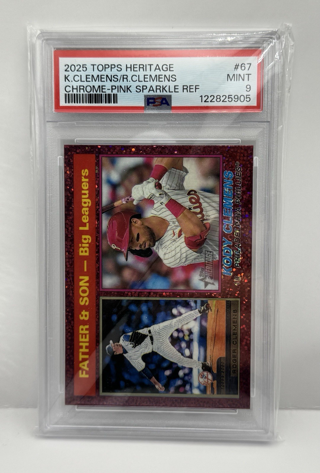 2025 Topps Heritage Roger Clemens Father & Son #67 Pink Sparkle Refractor PSA 9