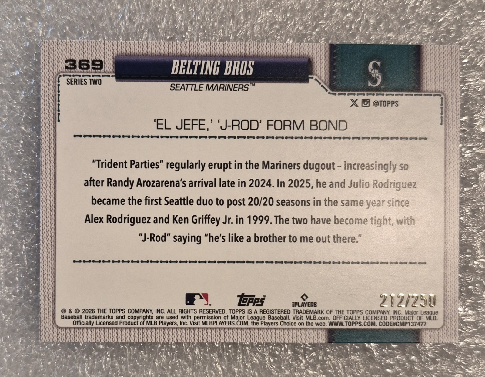2026 Topps Series Two Belting Bros J-Rod, Arozarena Purple Rainbow Foil 212/250