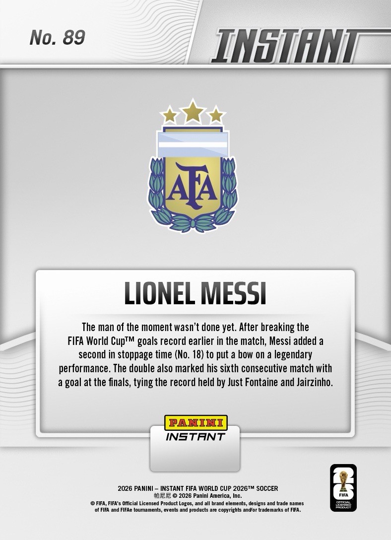 Lionel Messi 2026 Panini Instant FIFA World Cup #89 TWO GOALS + RECORD! Presale