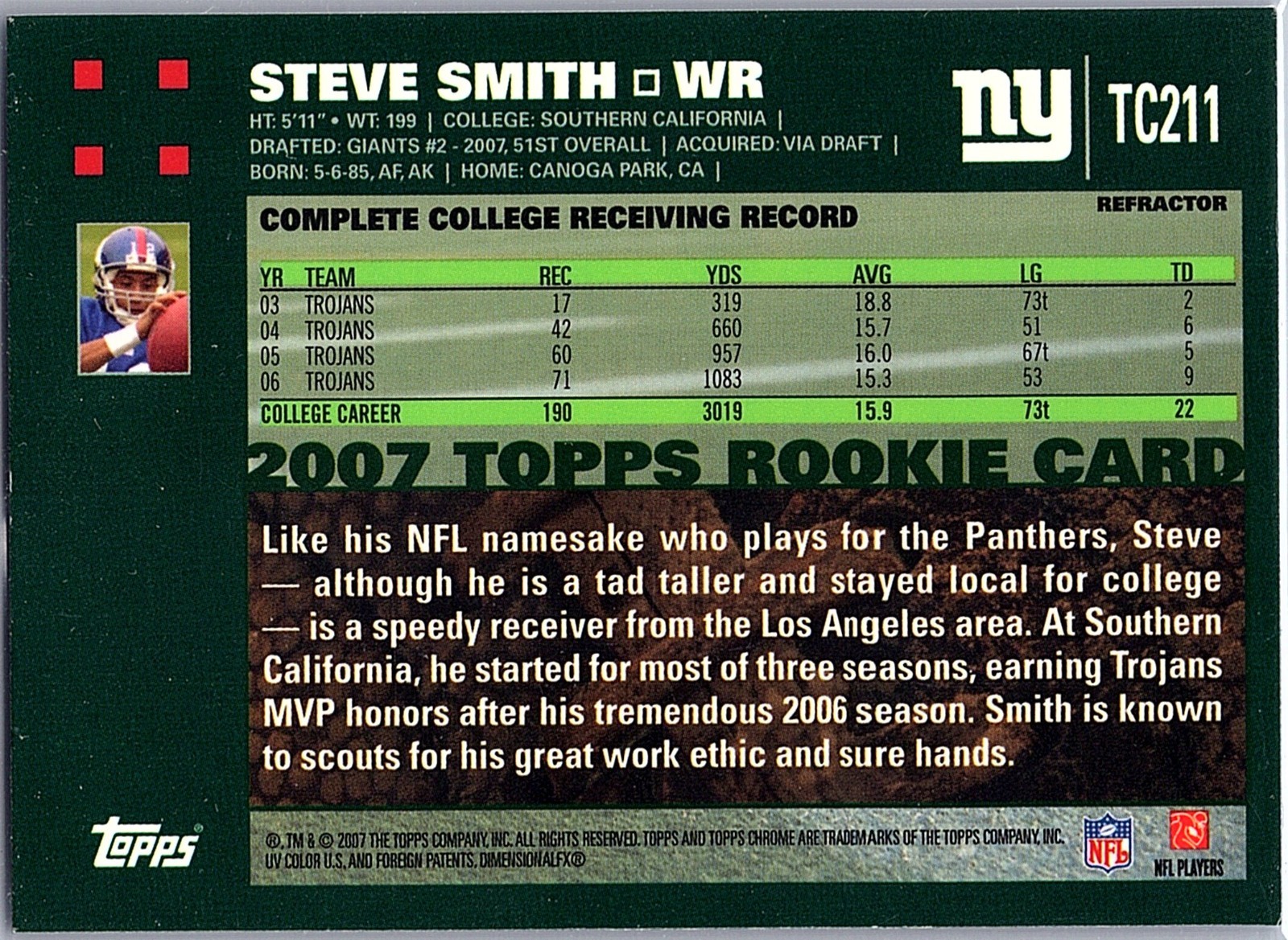 2007 Topps Chrome – Steve Smith #TC211 Blue Refractor (RC)