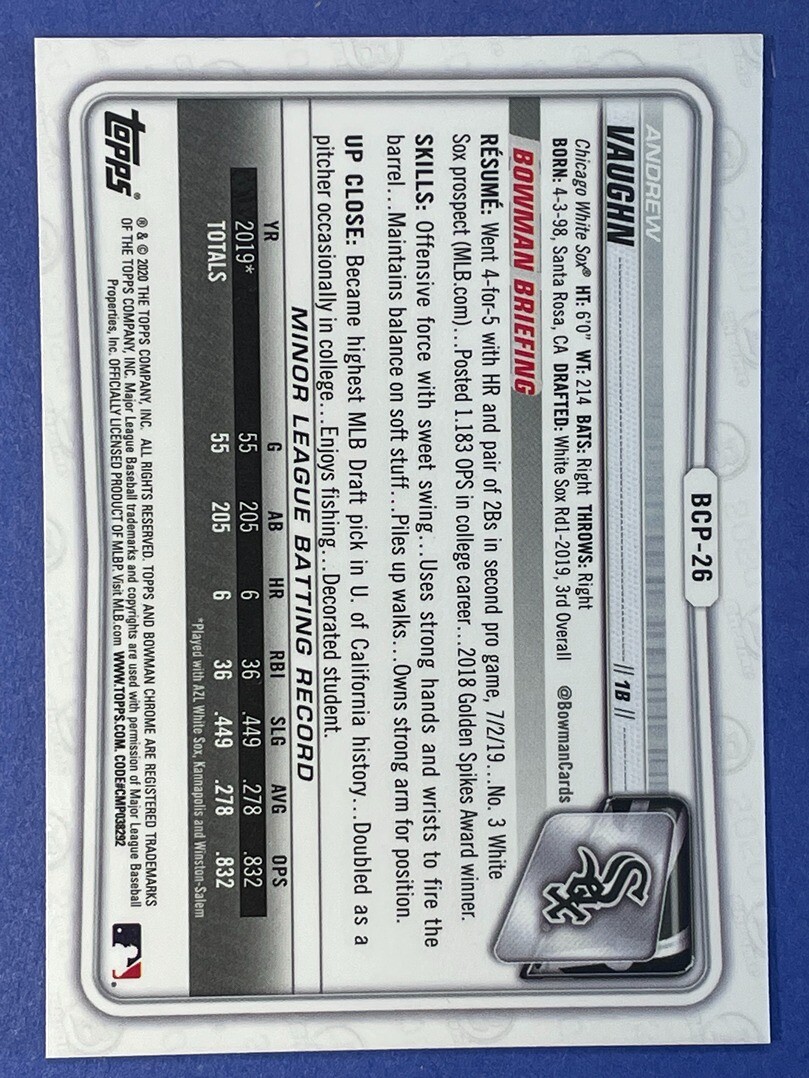 2020 Bowman Chrome 1st Edition Andrew Vaugh Chicago White Sox