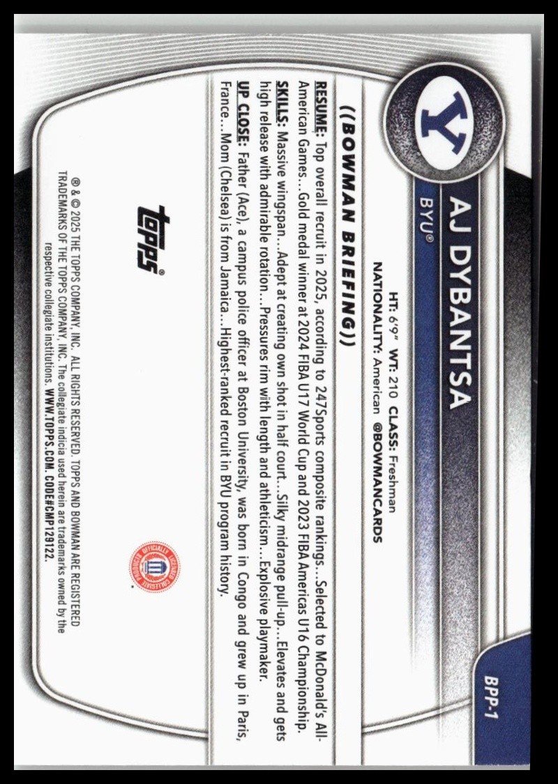 AJ Dybantsa 2025-26 Bowman Prospects #BPP-1 BYU Cougars