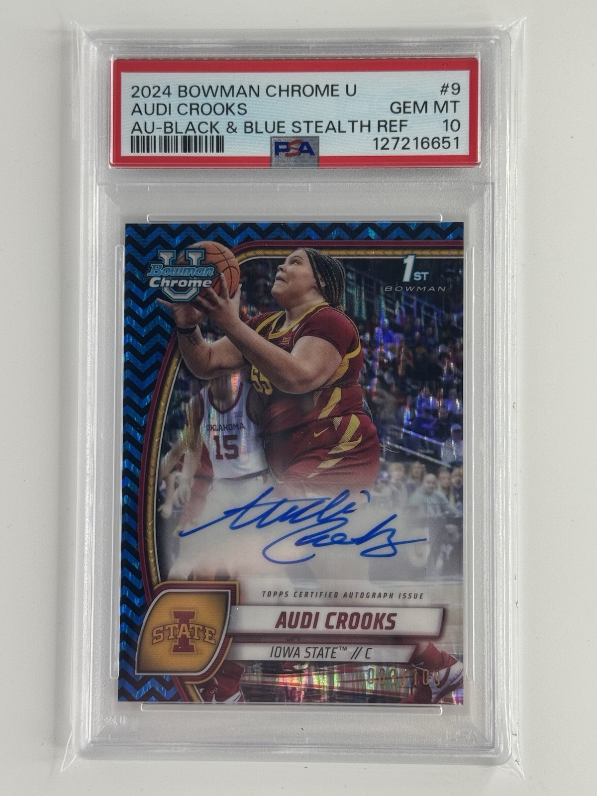 2024 Bowman Chrome U Audi Crooks Black & Blue Stealth Auto #3/100 PSA 10