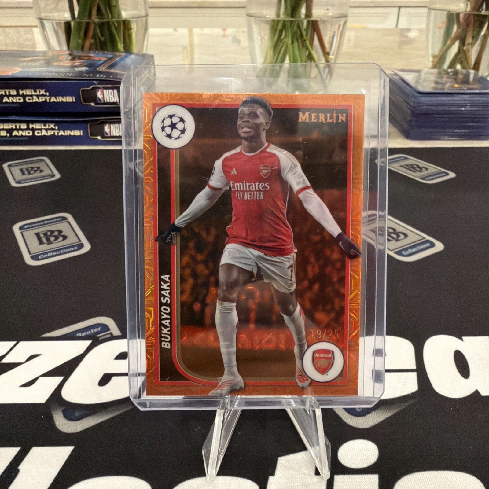 2024 Topps Chrome Merlin UEFA Bukayo Saka Orange Mojo Refractor /25 Arsenal