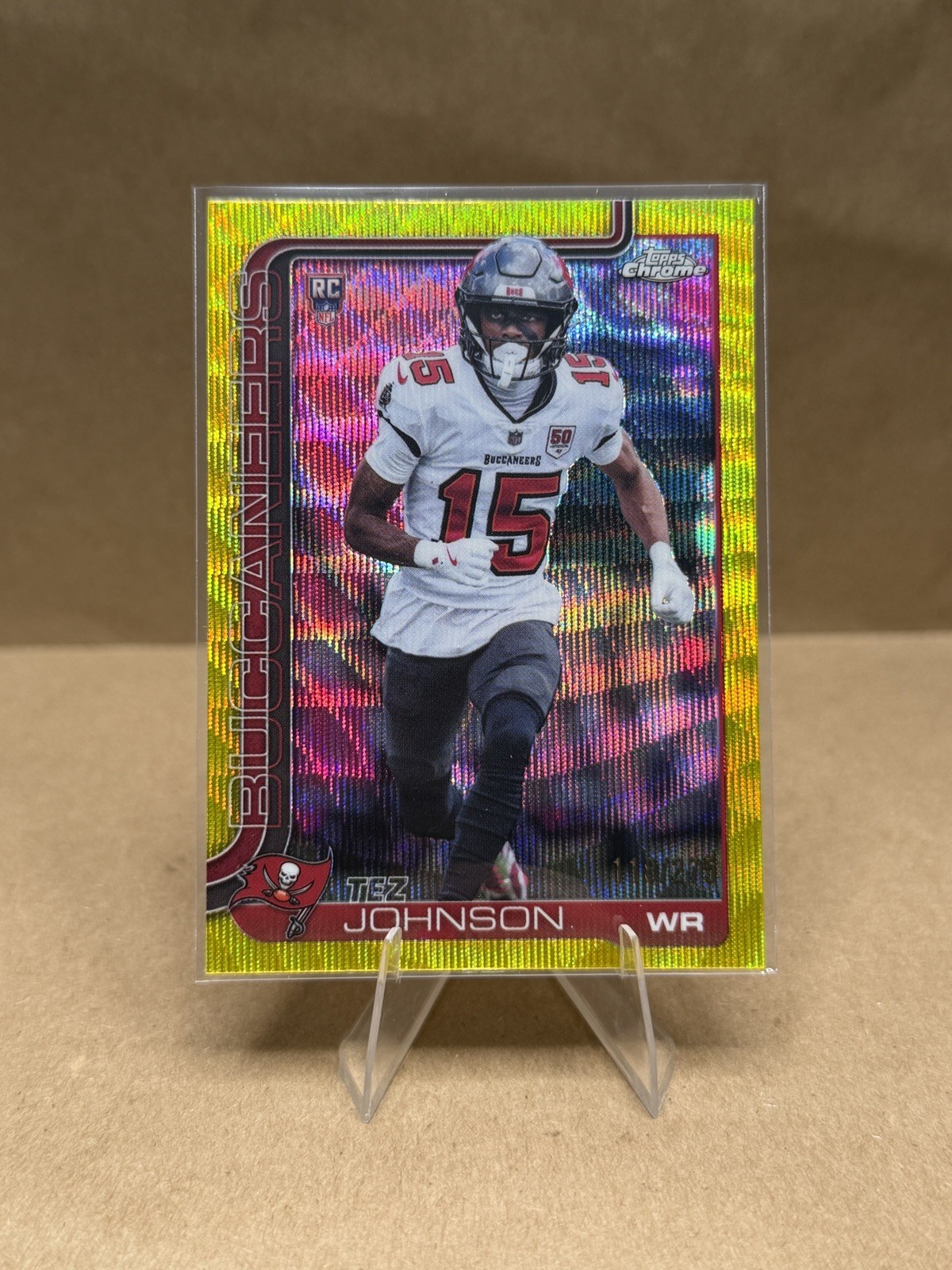 2025 Topps Chrome Rookie Yellow Wave Refractor Tez Johnson Rookie /275 Tampa Bay
