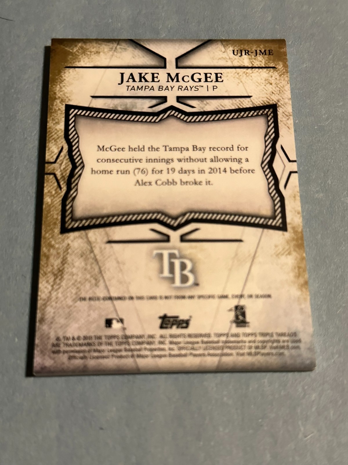 2015 Topps Triple Threads – Unity Jumbo Relics Jake McGee #UJR-JME Gold 9/9