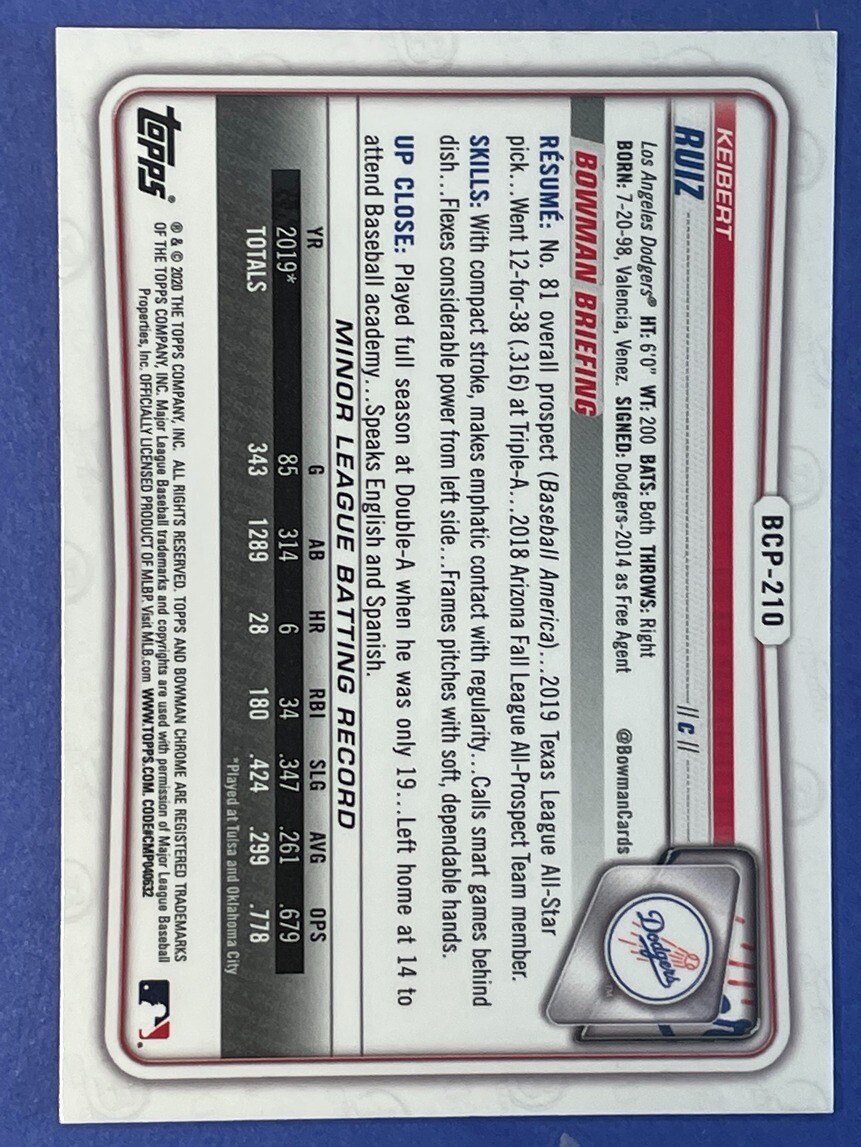 2020 Bowman Chrome 1st Edition Keibert Ruiz LA Dodgers Prospect