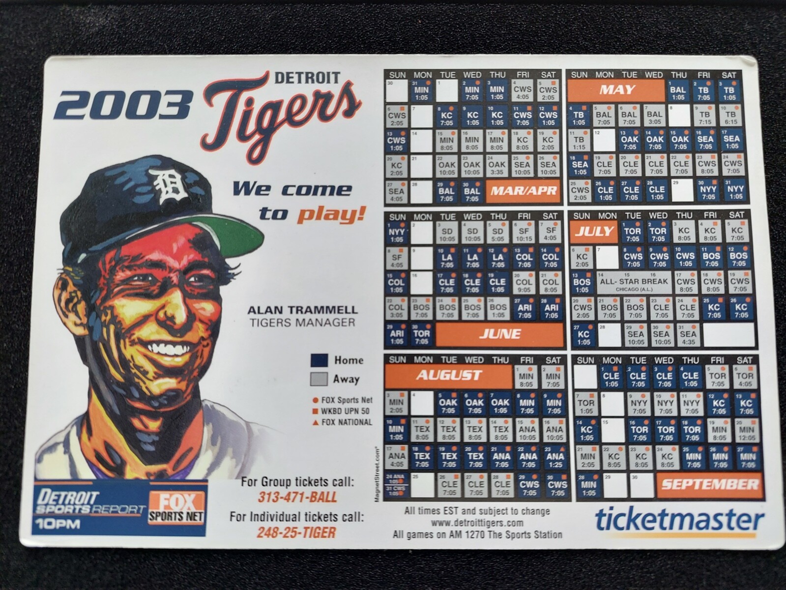 DETROIT TIGERS 2003 MAGNET SCHEDULE SGA ALAN TRAMMELL LARGE SIZE 7.5 x 5 INCHES