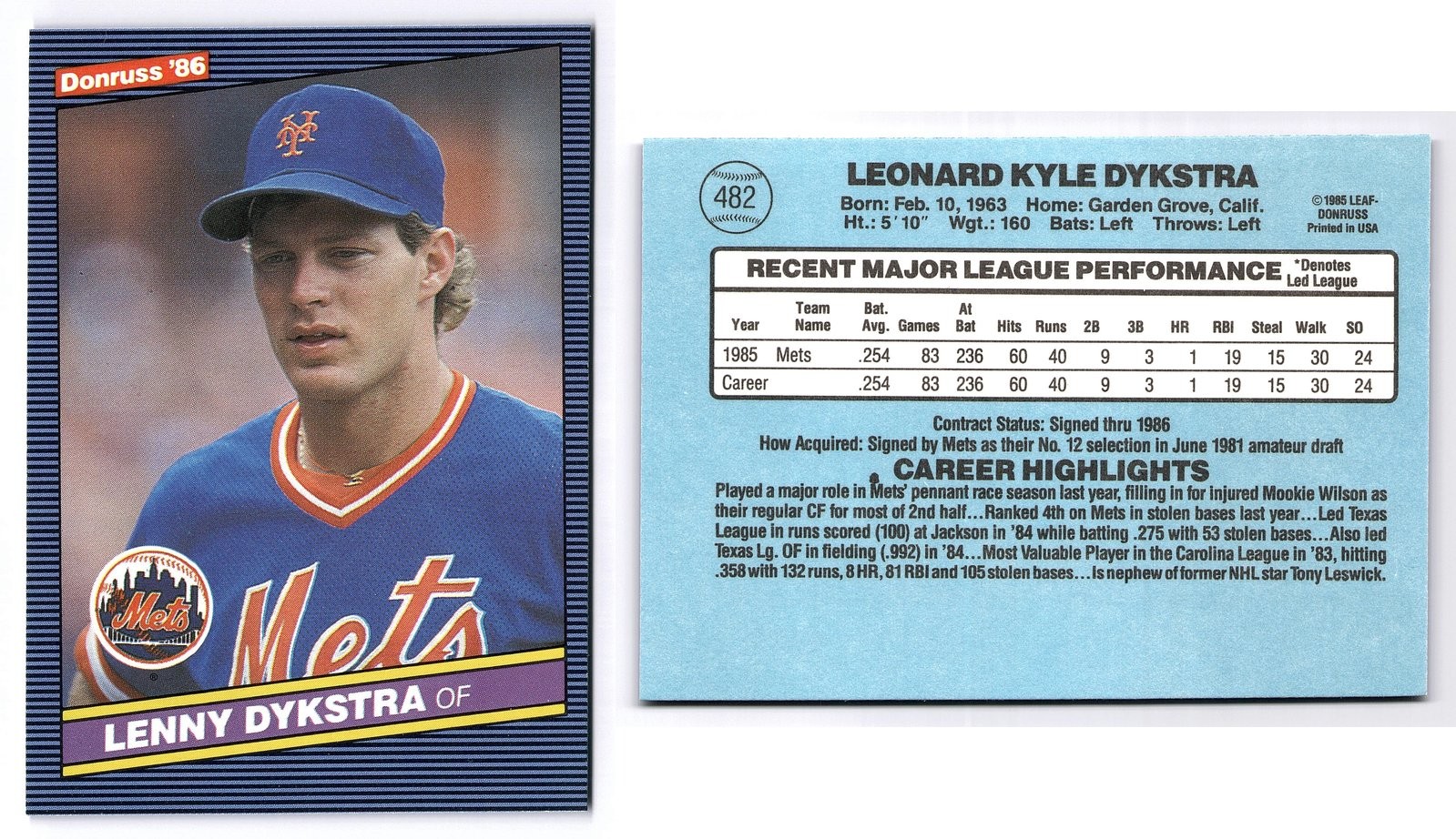 1986 Donruss #482 Lenny Dykstra RC New York Mets Phillies