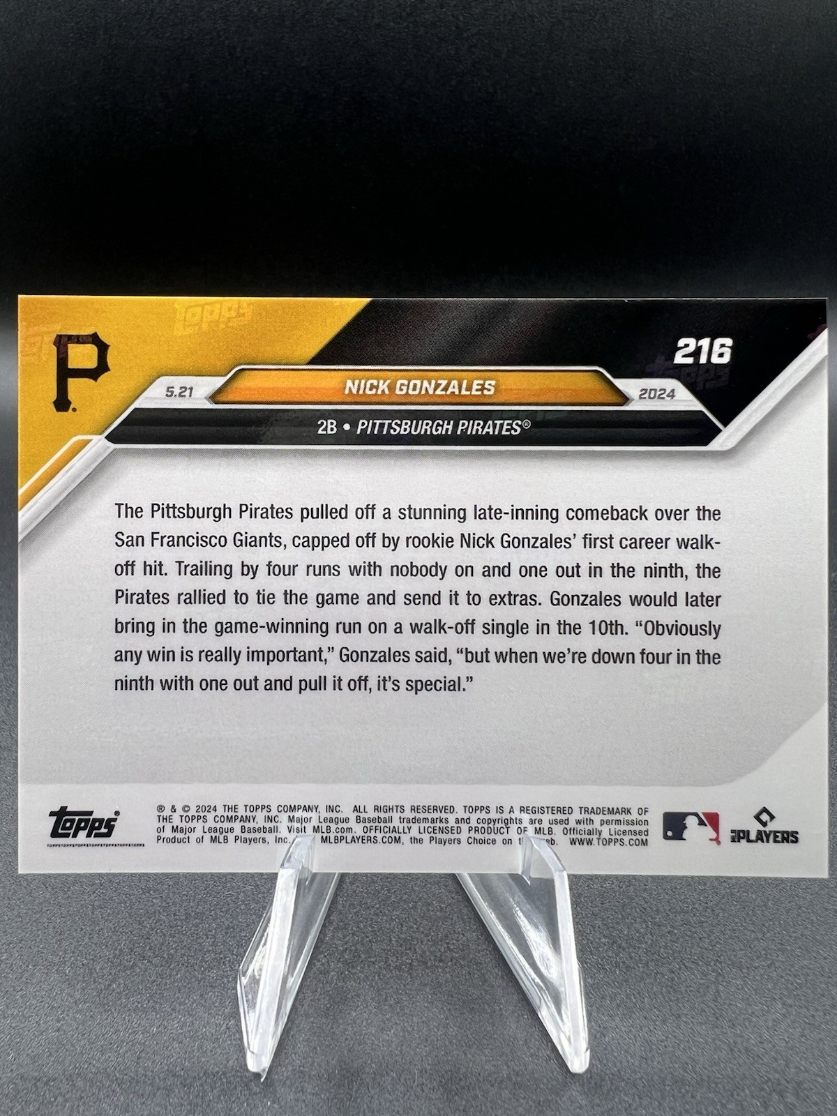 2024 Topps NOW Nick Gonzales Blue /49 Rookie 1st Career Walk-Off Pirates #216