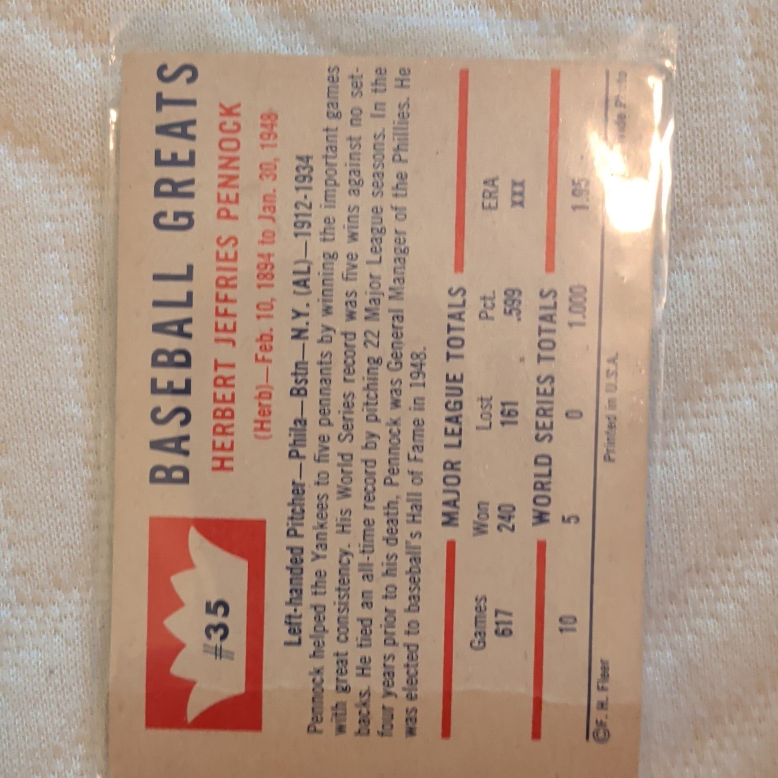 Fleer 1960 Baseball Greats Herb Pennock #35 Boston Red Sox MLB Card