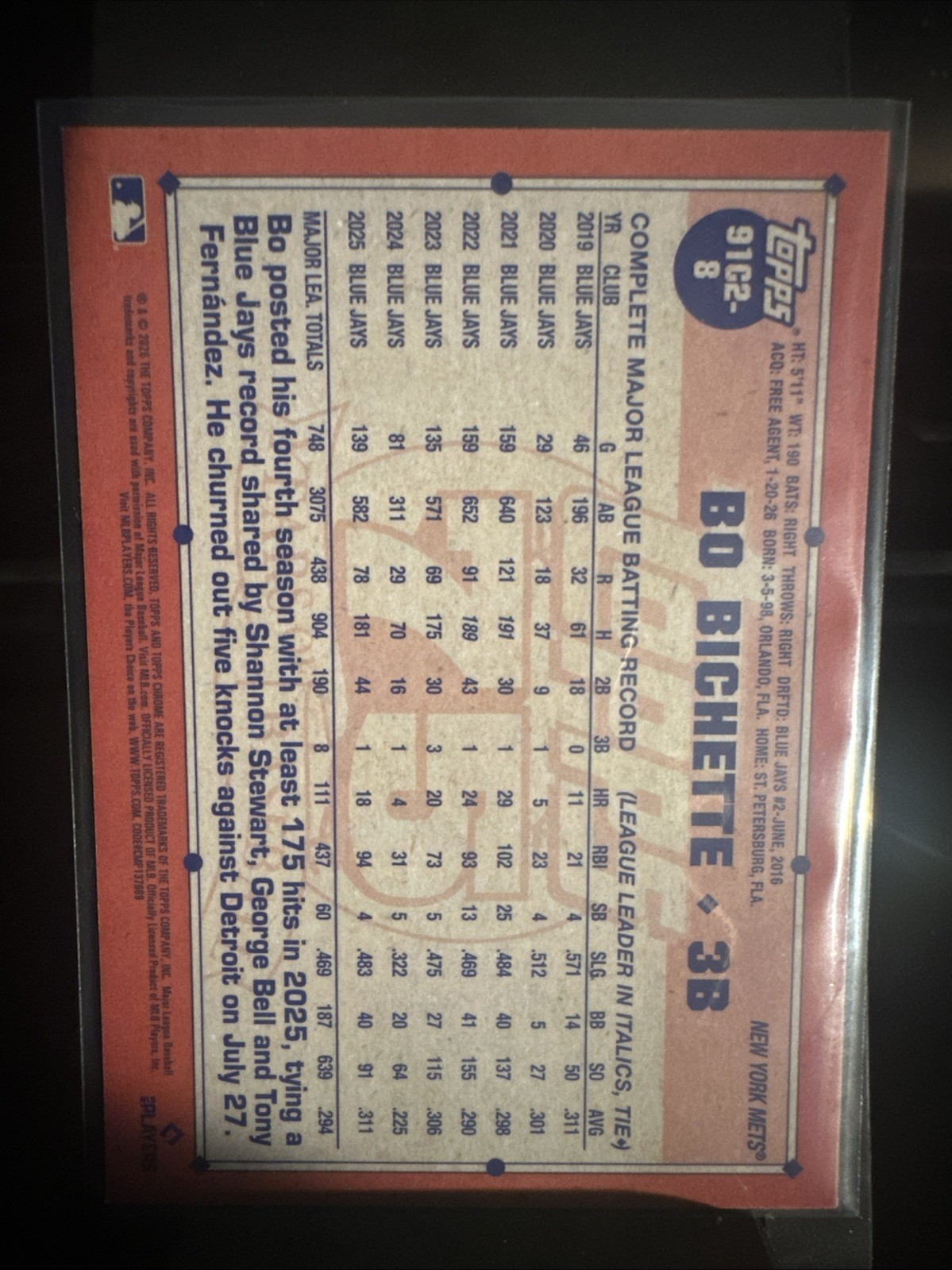 2026 Topps Series 2 Baseball 1991 Chrome Silver Pack Mojo #91C2-8 Bo Bichette NM