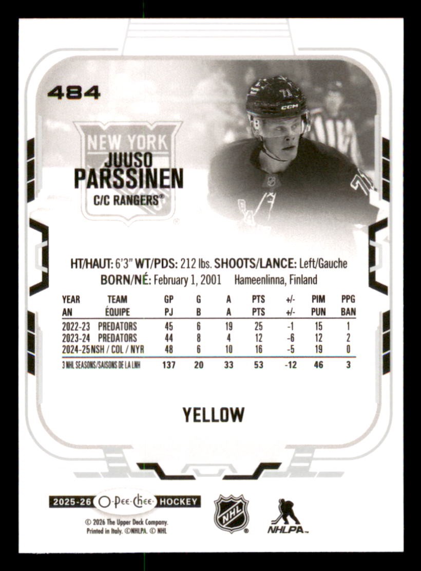 2025-26 O-Pee-Chee Yellow Border #484 Juuso Parssinen New York Rangers