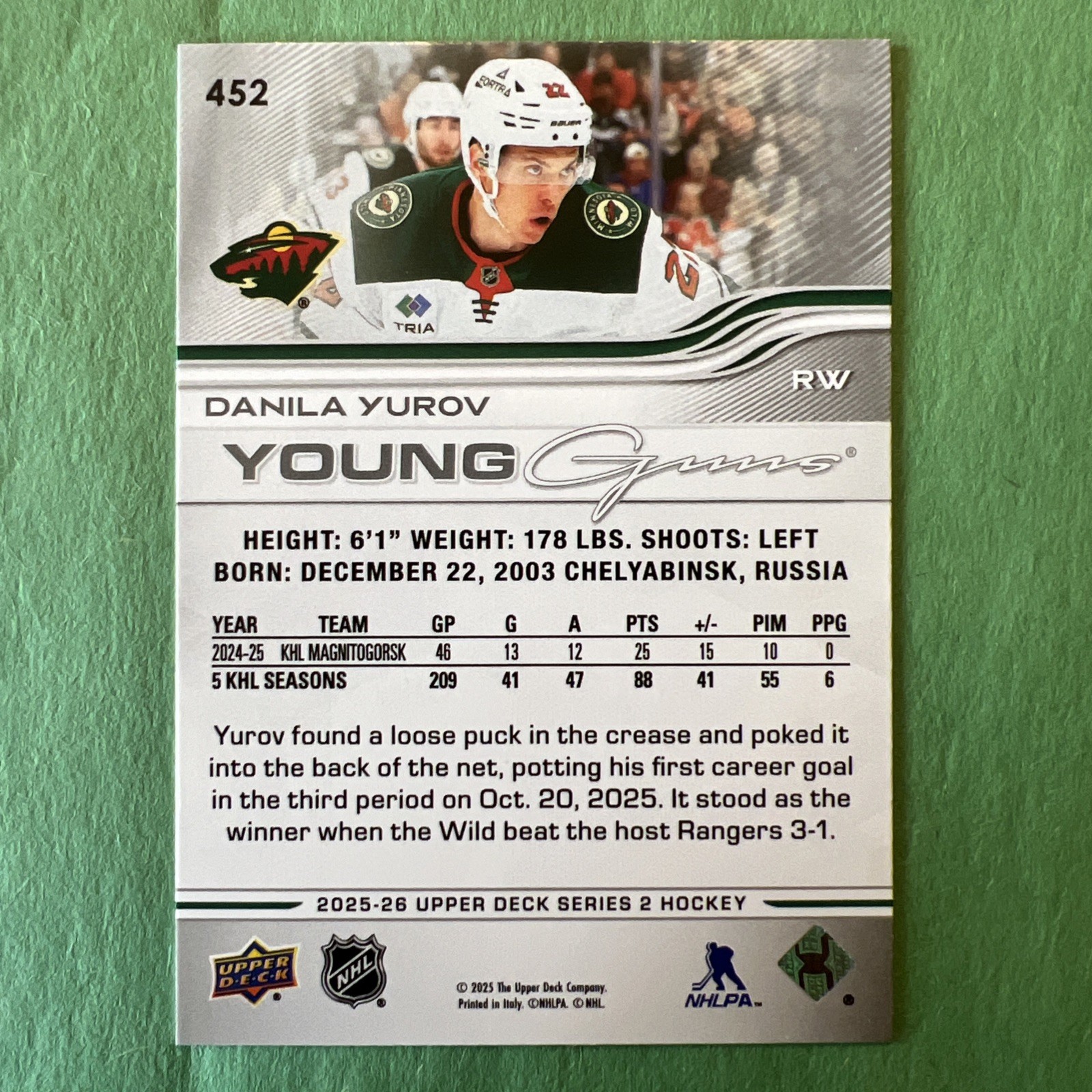 2025-26 Upper Deck Young Guns #452 Danila Yurov – Minnesota Wild