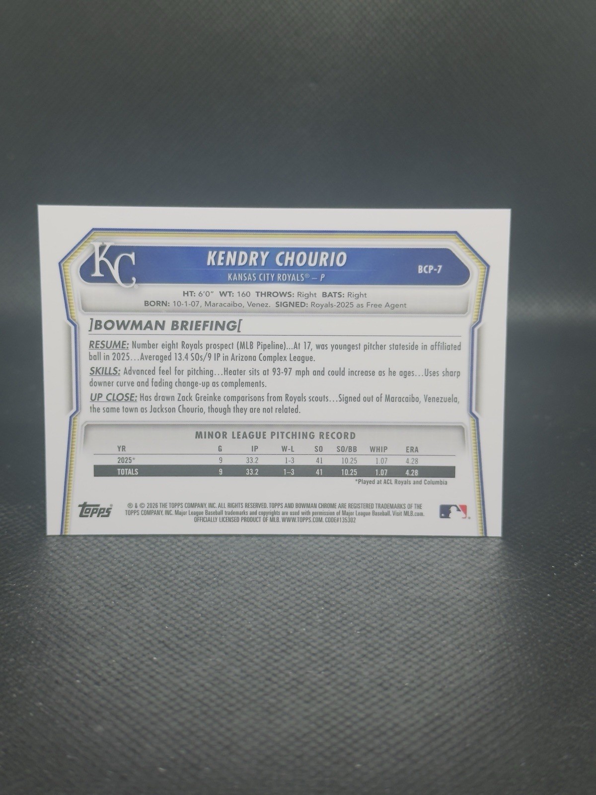 2026 Bowman #BCP-7 Kendry Chourio Chrome Reptilian Refractor 1st Royals