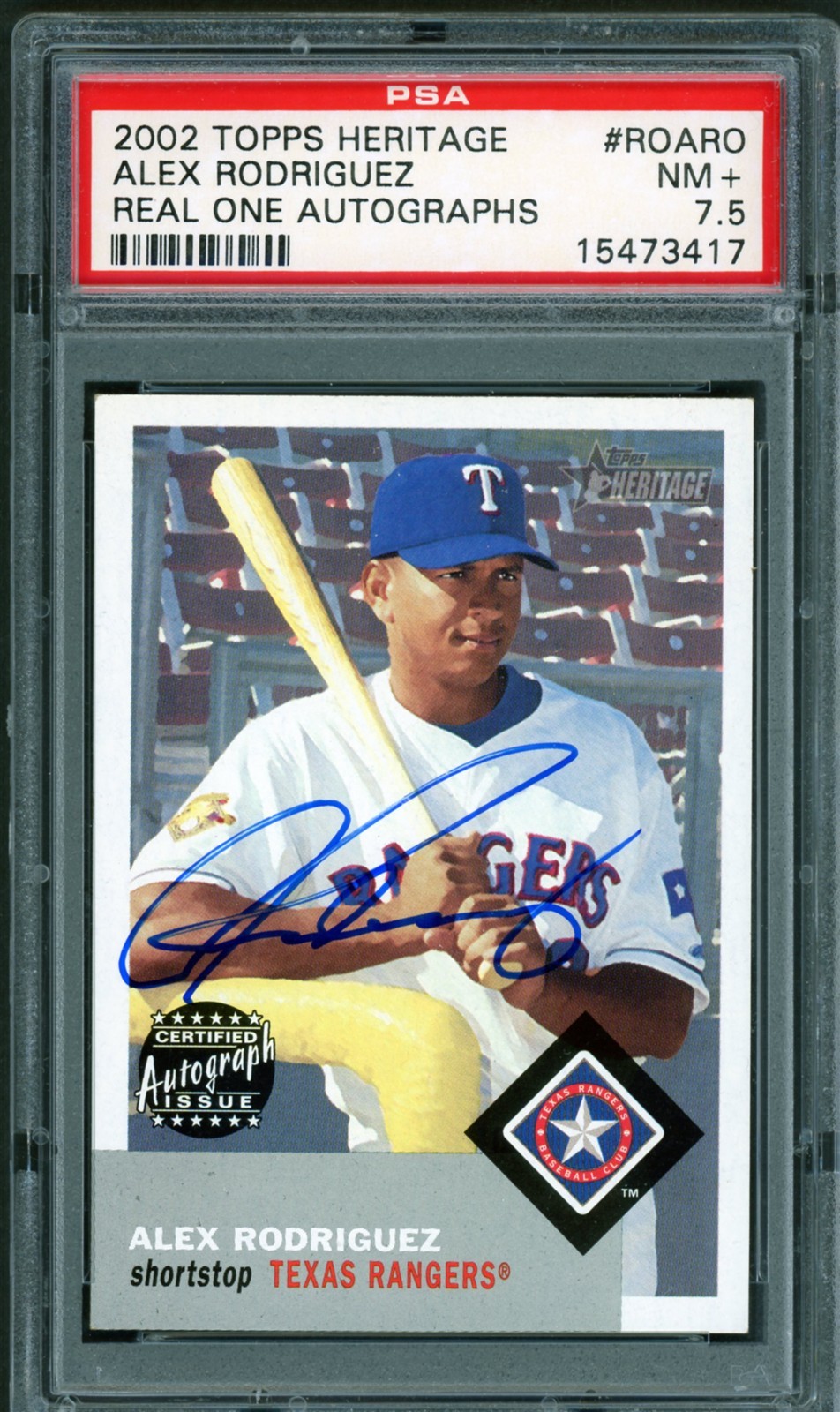 2002 Topps Heritage RO-ARO Alex Rodriguez – Texas Rangers Autograph PSA 7.5 NM+