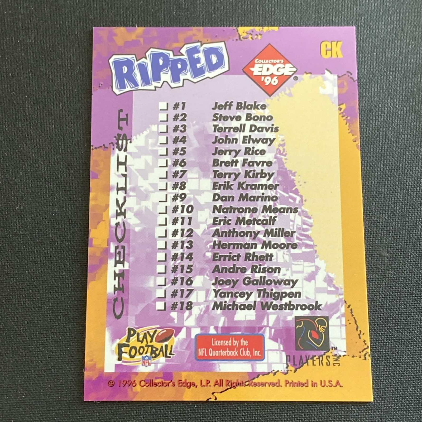 1996 Collector’s Edge Ripped #CK Checklist Football Card