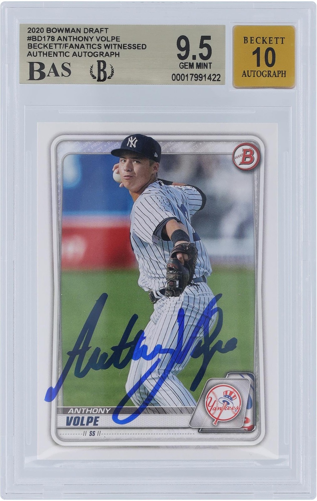 Anthony Volpe New York Yankees Signed 2020 Bowman Draft #BD-178 BAS 9.5/10 Card