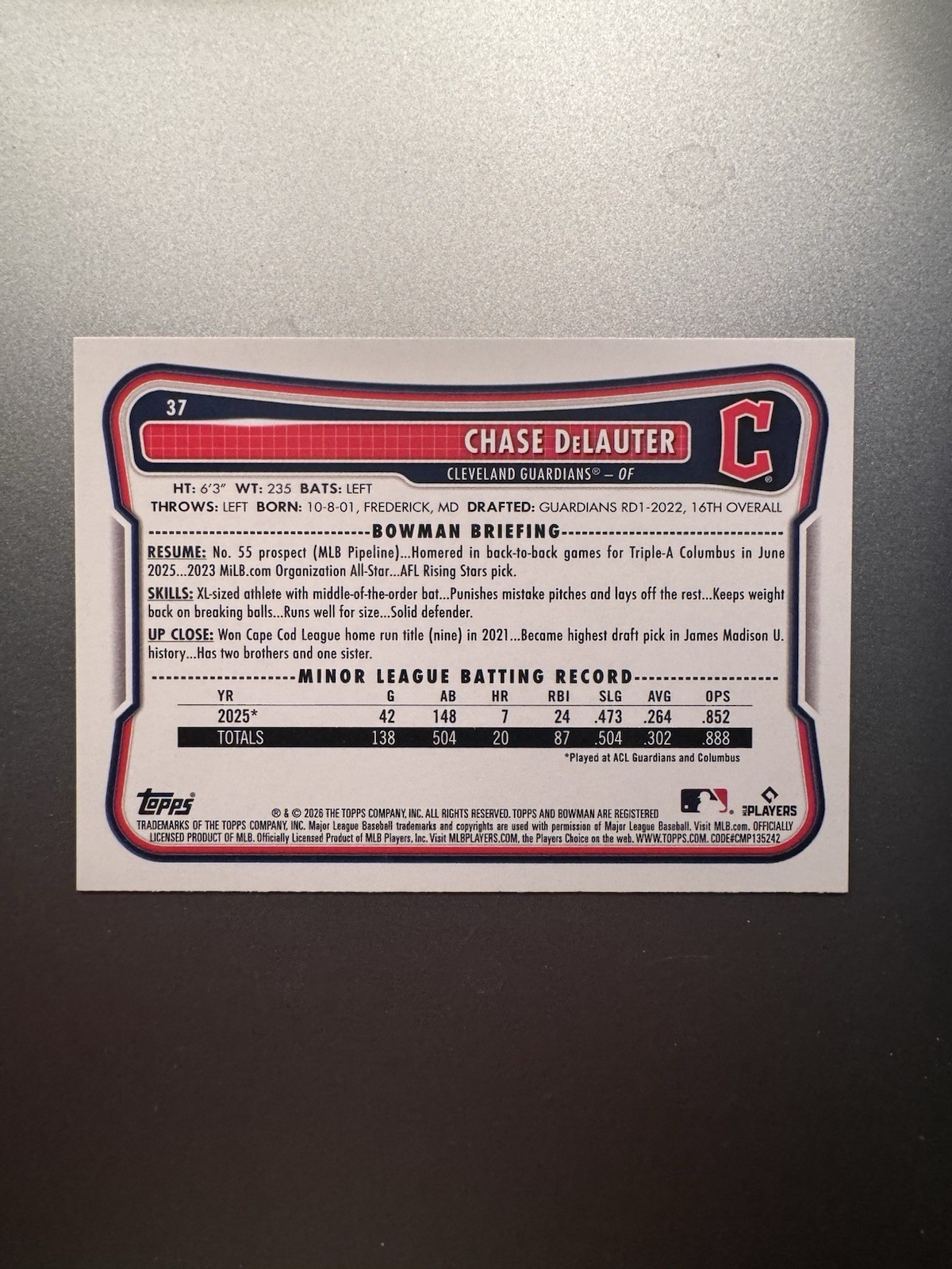 Topps Bowman Baseball 2026 #37 Chase DeLauter Rookie Card RC Cleveland Guardians