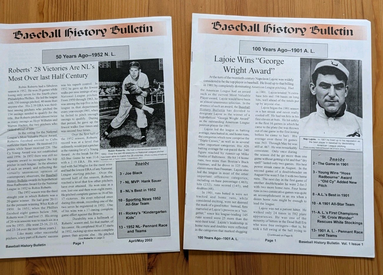 Two Baseball History Bulletins 2001 & 2002 16-Pages Each Robin Roberts Cy Young