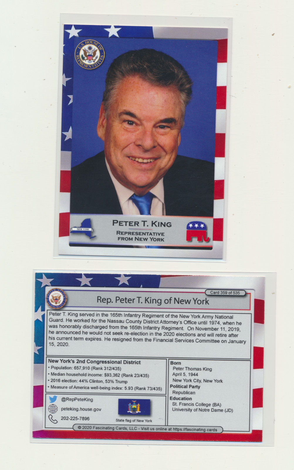 2020 United States Congress Fascinating Cards New York Peter T King #359