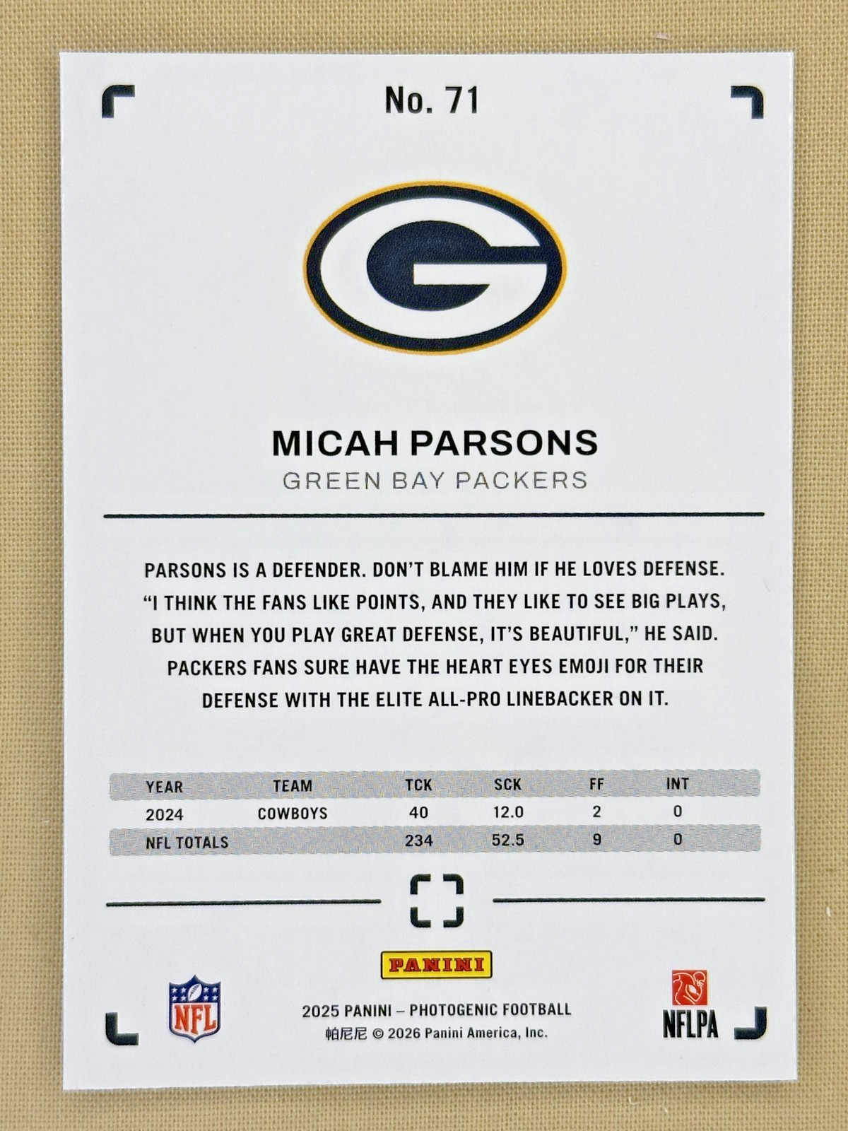 2025 Panini Photogenic Micah Parsons – Green Bay Packers #71 in Packers uniform!